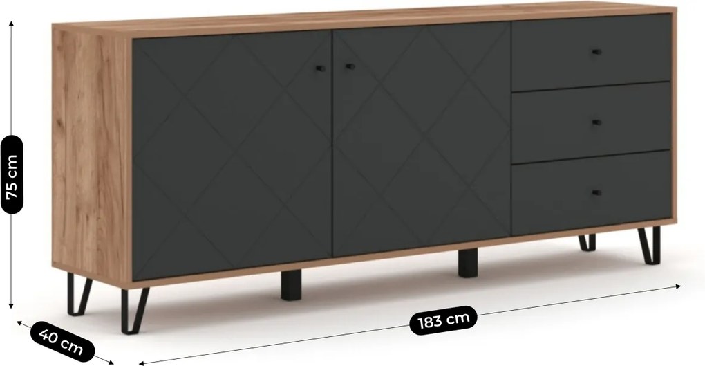Komoda Dwudrzwiowa z Szufladami BACARDI 183 cm Dąb Craft Tobacco/Grafit Nowoczesna