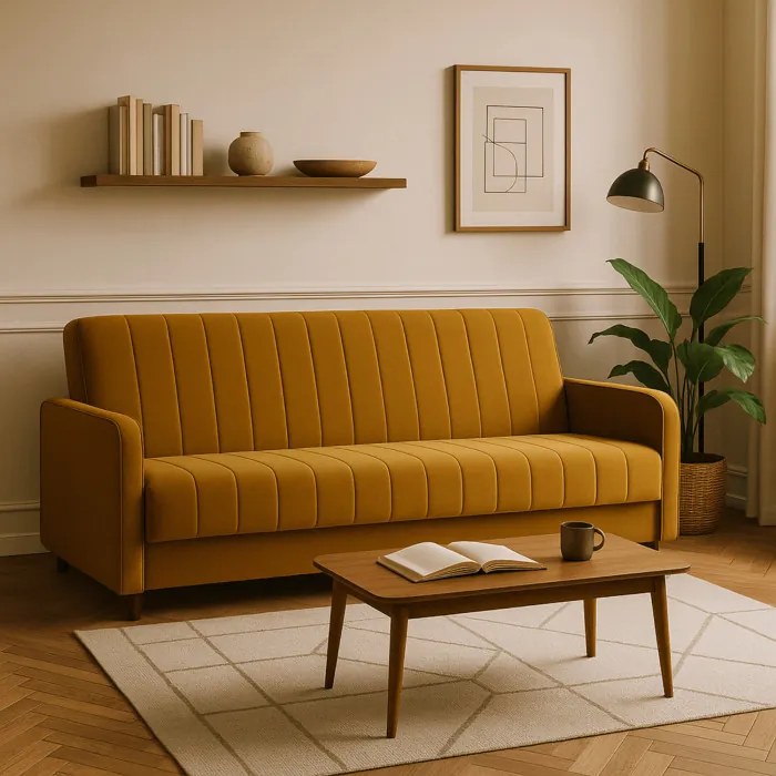 Sofa z Funkcją Spania PORTO Wersalka Rozkładana Dwuosobowa Musztardowa Nowoczesna do Salonu