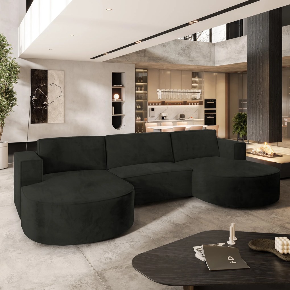 Masseno Narożnik VEZZO z funkcją spania i pojemnikiem na pościel Narozniki U, Rozkładana sofa - Czarny, MONOLITH 95