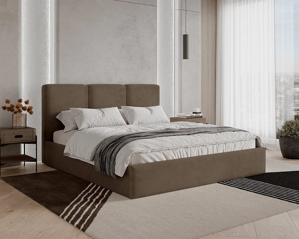 BESILIO Łóżko tapicerowane z pojemnikiem 140x200 Mira - Łóżko slim, łóżko minimalistyczne, stelaż metalowy- Brązowy