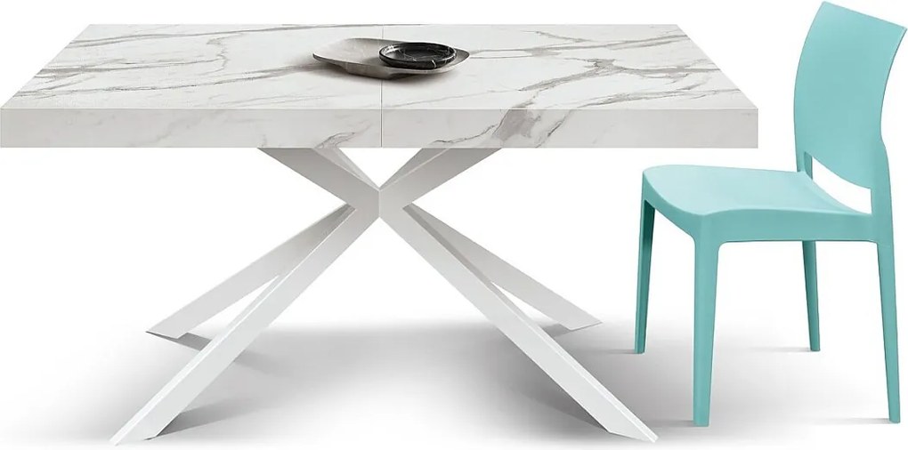 Stół drewniany, białe wykończenie i białe nogi w kształcie litery X, rozkładany 160x90 - 240x90 - CAMAIORE