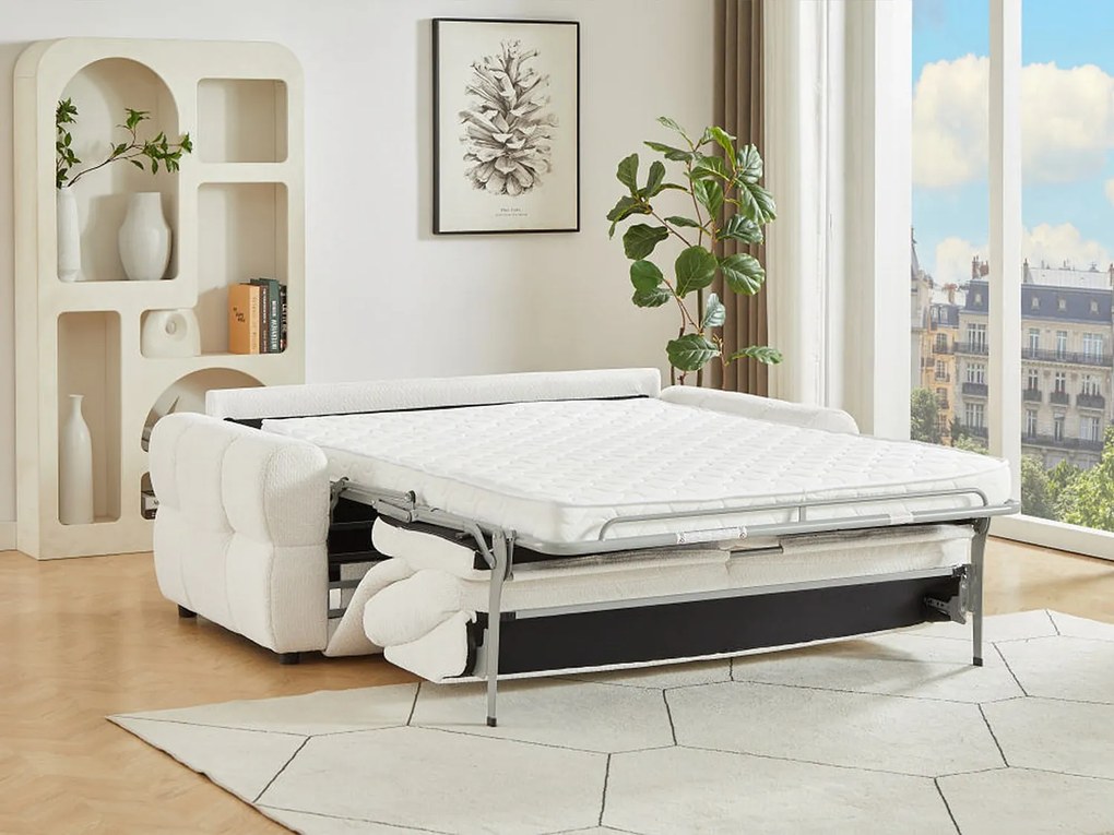 Kanapa  3-osobowa rozkładana z beżowej tkaniny szenilowej ECORIA