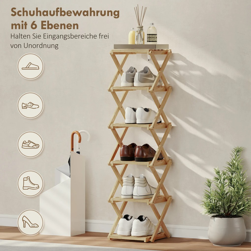 HOMCOM Regał na buty, składany stojak z 6 poziomami z bambusa, dla maks. 9 par butów, 30 x 29 x 108 cm, naturalny | Aosom PL