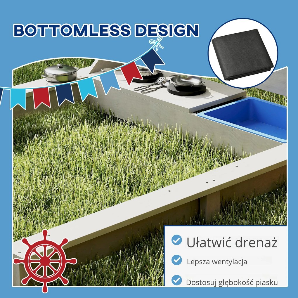 Outsunny Piaskownica Piracki Statek z Daszkiem i Zestawem Kuchennym dla Dzieci, Drewno, 180 x 103 x 144,5 cm, Szara