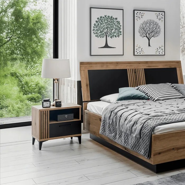 Szafka Nocna z Szufladą do Sypialni DYNAMO 52 cm Dąb evoke / czarny połysk Loft