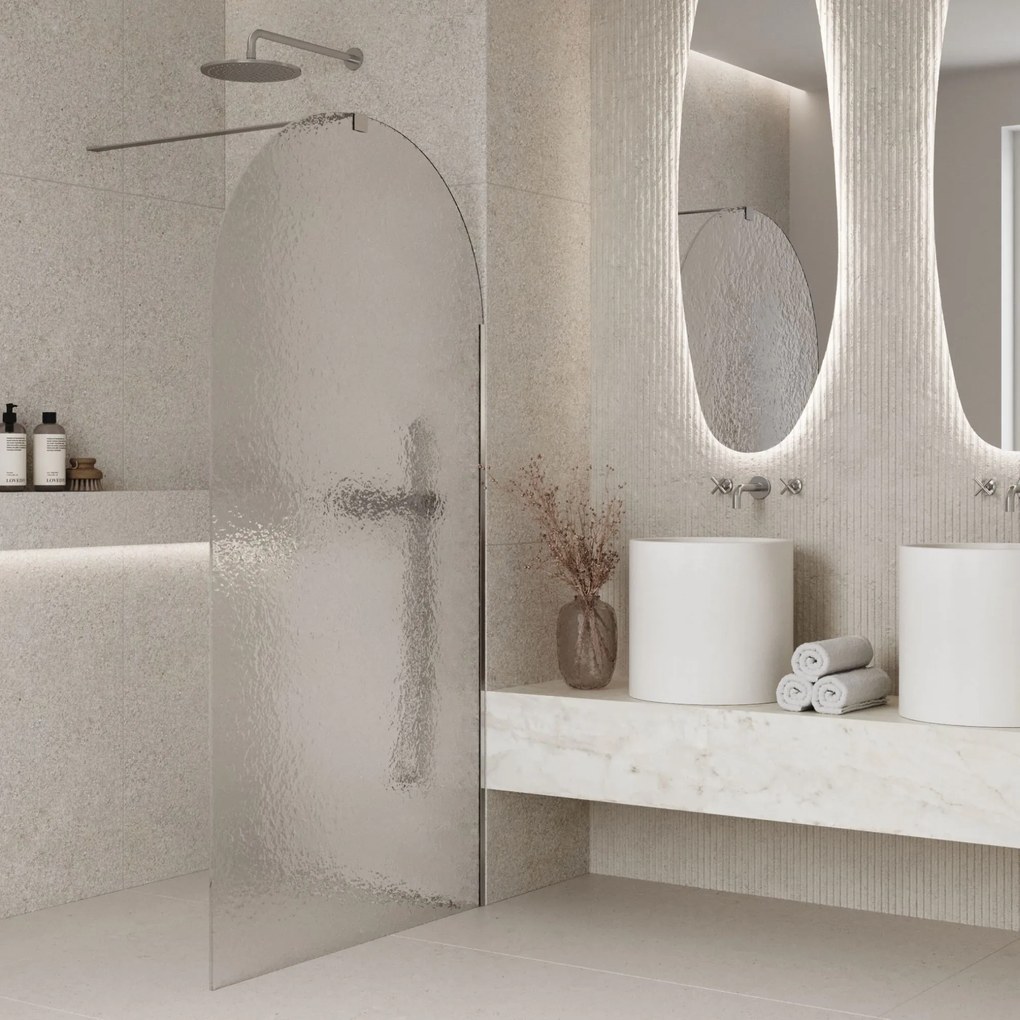 Ścianka prysznicowa WALK IN FIX artystyczna owalna transparentna 8 mm Arte Frozen Oval MASSI | Różne rozmiary : Kolor profili kabiny - złoty szczotkowany, Szerokość ścianki - 80 cm, Typ montażu - WALK in FIX (Do ściany)