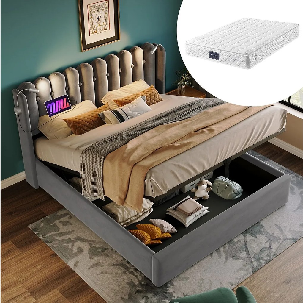 Łóżko z pojemnikiem 160 x 200 cm - Łóżko podwójne z lampką do czytania z akumulatorem - szary aksamit - materac w zestawie