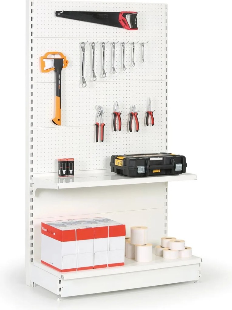 Regał sklepowy jednostronny, ścianki perforowane, 1600 x 1000 x 450 mm, podstawowy, biały