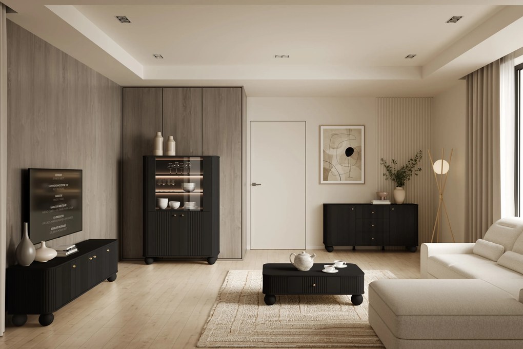 Witryna Vesper do salonu - czarny / złote uchwyty / nogi kule