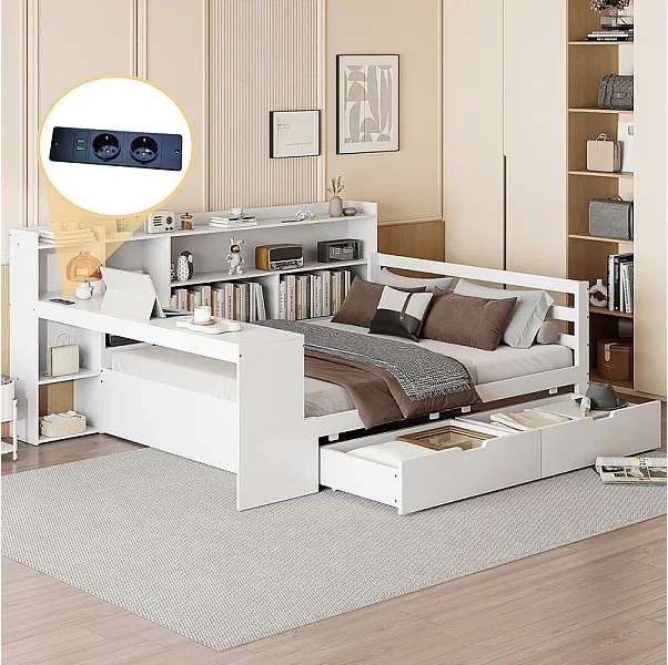 Kanapa rozkładana z litego drewna 140x200 cm - z biurkiem - biblioteczka + półka - z gniazdkiem - z 2 dużymi szufladami - biała (bez materaca)