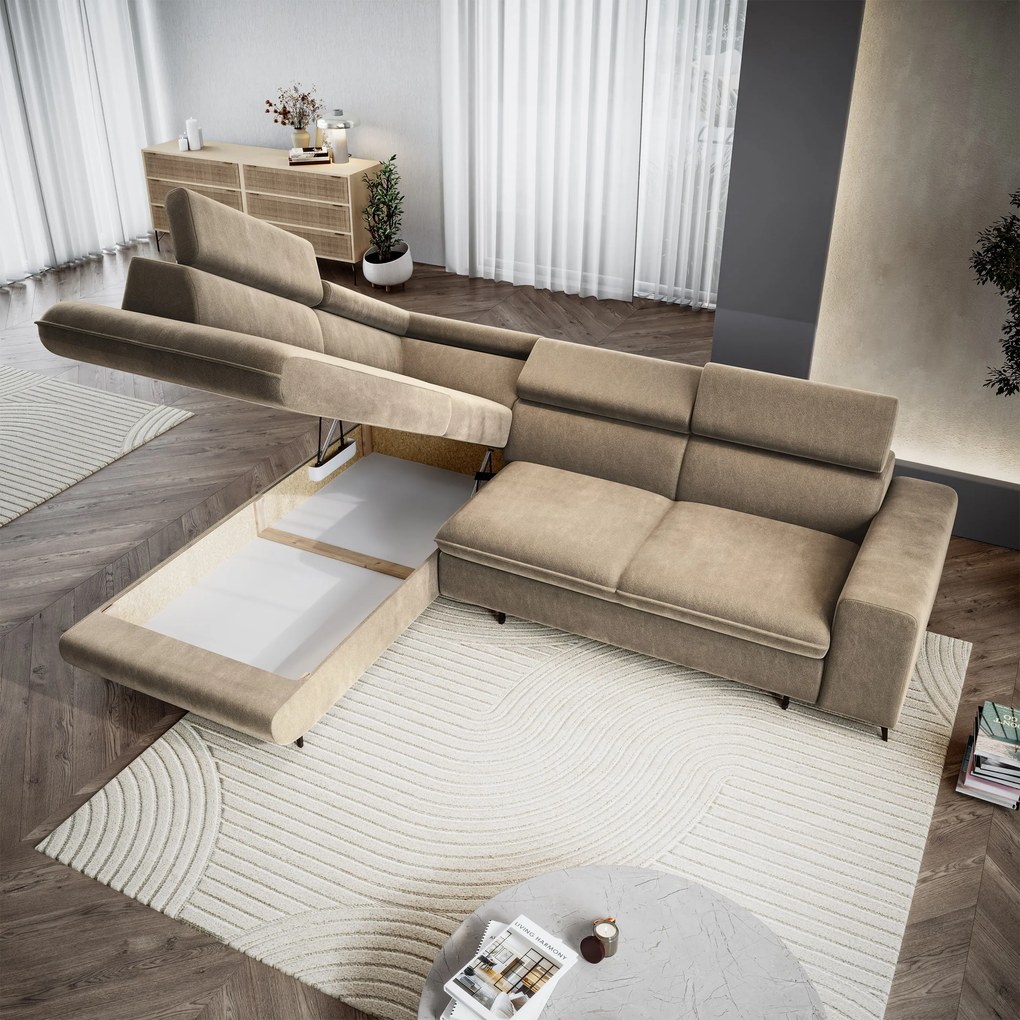 Masseno Narożnik VELISS z funkcją spania i pojemnikiem na pościel Narozniki L, Rozkładana sofa - Beżowy, CASTEL 15