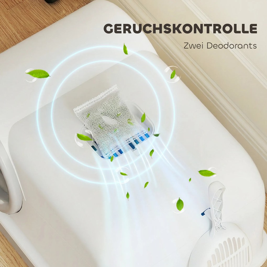 PawHut Kuweta z pokrywą, łopatka, wysuwana taca, 2 wkłady z węglem aktywnym dla kotów do 5 kg 59x39,5x39,5 cm Biały+Szary | Aosom PL