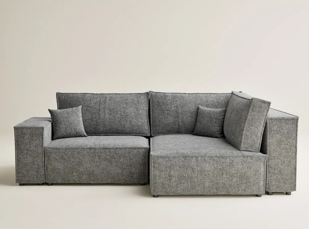 Szary rozkładany narożnik ze schowkiem z tkaniny szenilowej (prawostronny/w kształcie litery L) Tonga – Maison de Rêve