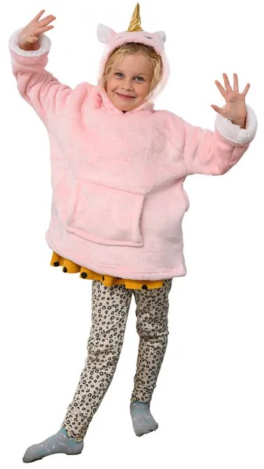 Dziecięcy koc bluza z rękawami i kapturem HOODIE UNICORN różowy