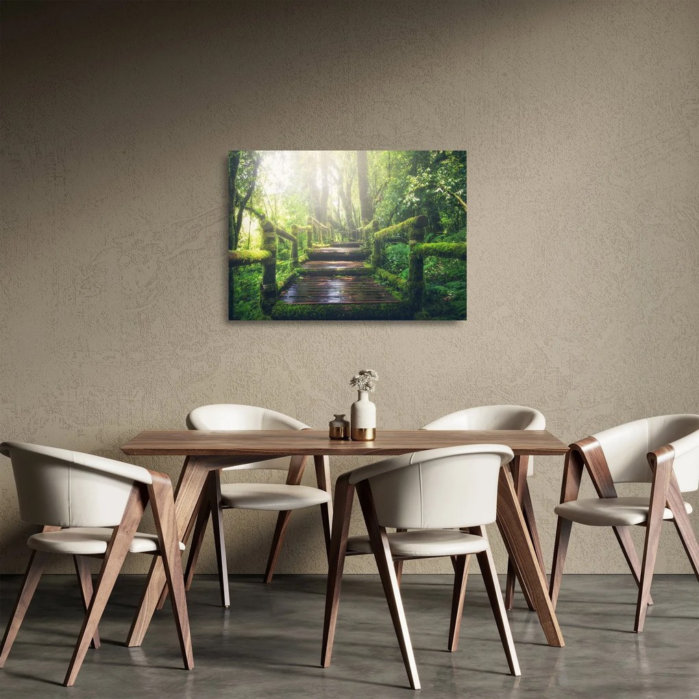 Obraz na szkle - drewniane schody w lesie (70x50 cm)