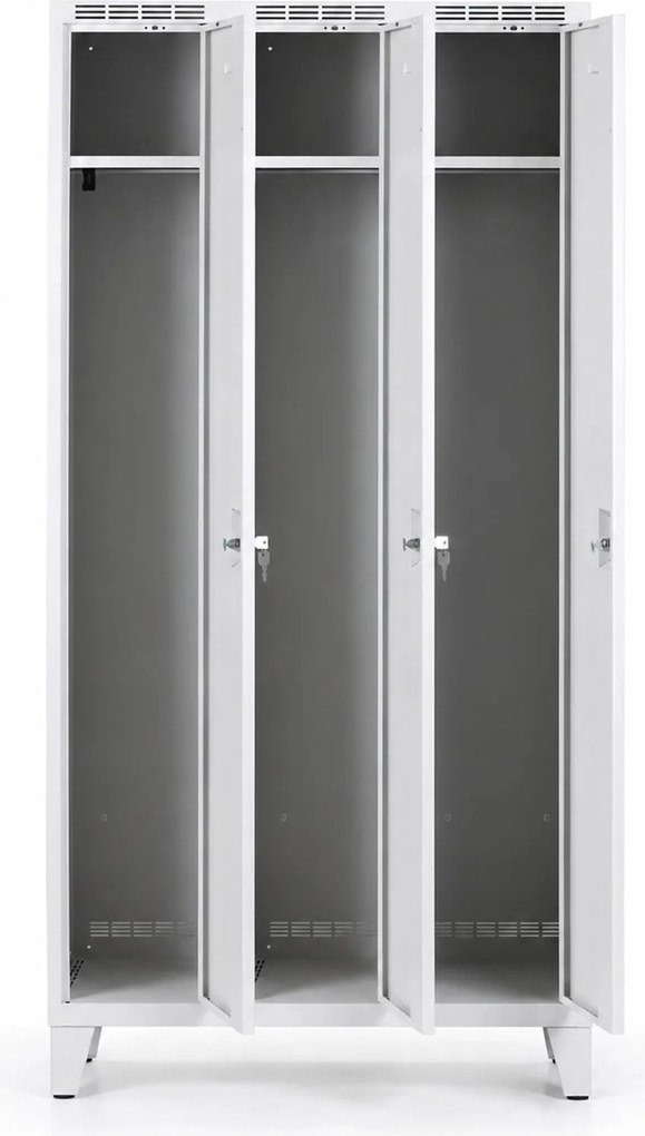 Metalowa szafka ubraniowa S7 na nogach, 3-drzwiowa, 1904 x 900 x 500 mm, demontaż, zamek obrotowy, drzwi niebieskie