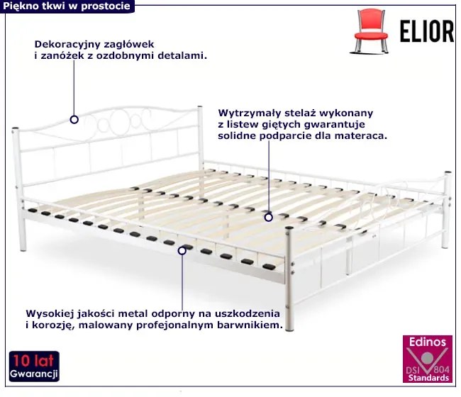 Białe małżeńskie łóżko metalowe 160x200 - Lorix