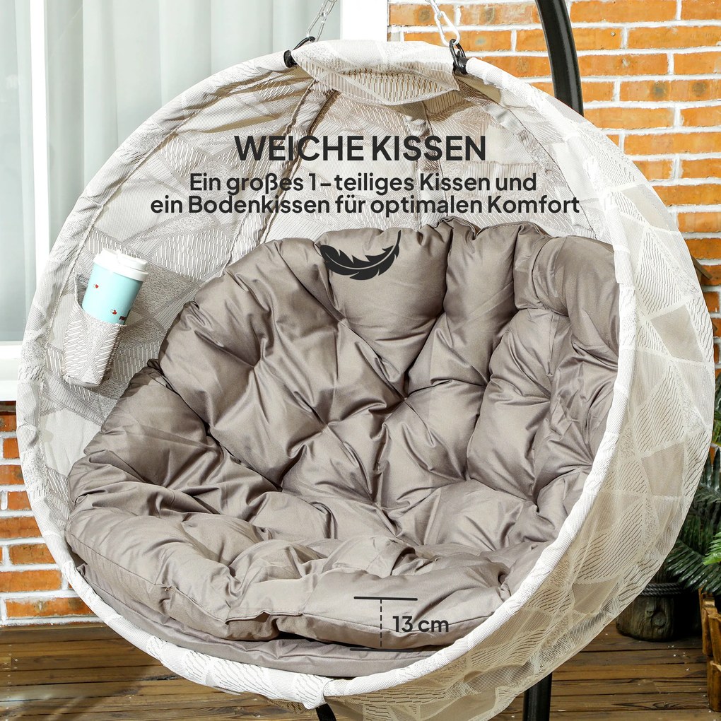 Outsunny Wiszący kosz w kształcie jajka, fotel z funkcją huśtania i składanym koszem, krzesło ogrodowe z uchwytem na kubek, kolor sandbraun