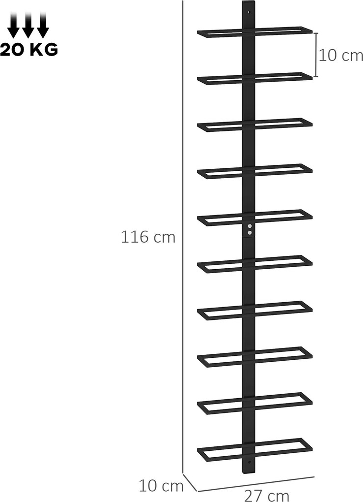 HOMCOM Regał na wino metalowy uchwyt ścienny na 10 butelek do kuchni salonu domowego baru czarny | Aosom PL