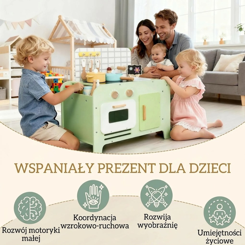 AIYAPLAY zestaw kuchni dla dzieci, MDF, 15 akcesoriów, szafki, 40 cm, od 3 lat, zielony