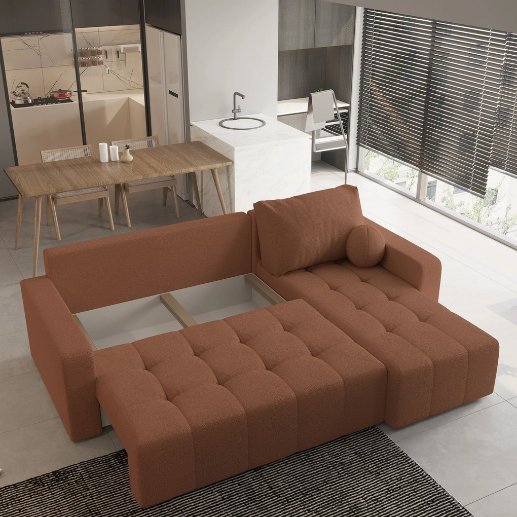 Masseno Narożnik VOLIRA z funkcją spania i pojemnikiem na pościel Narozniki L, Rozkładana sofa - Miedziany, QUELLE 54