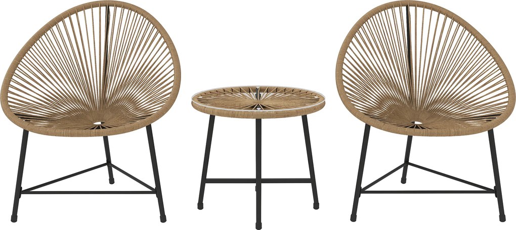 Outsunny 3-częściowy zestaw mebli ogrodowych, 2 krzesła z polirattanu, 1 stolik ze szklanym blatem, stalowa rama, Meble ogrodowe, Jasnobrązowy