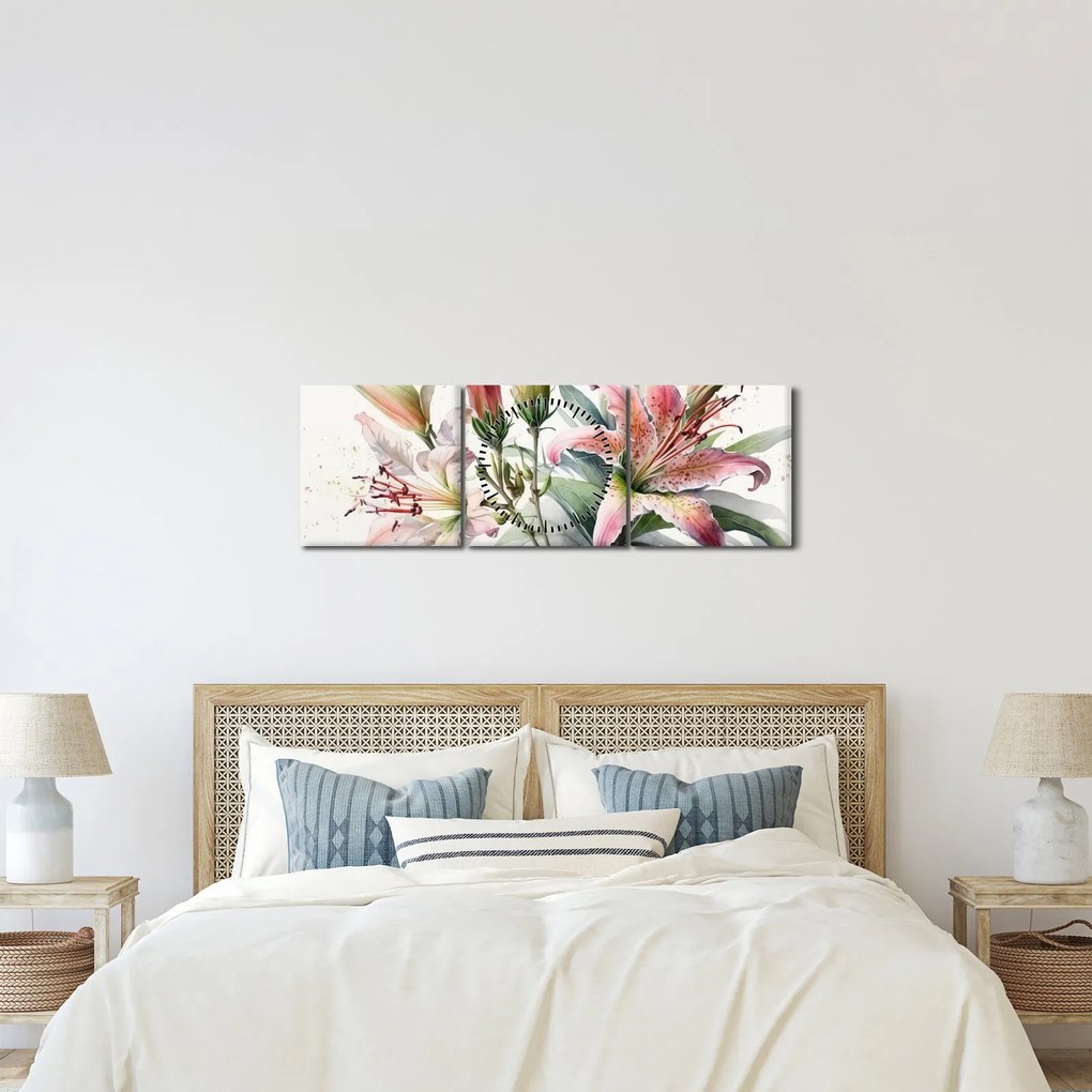 Obraz - Lilie, ilustracje (z zegarem) (90x30 cm)