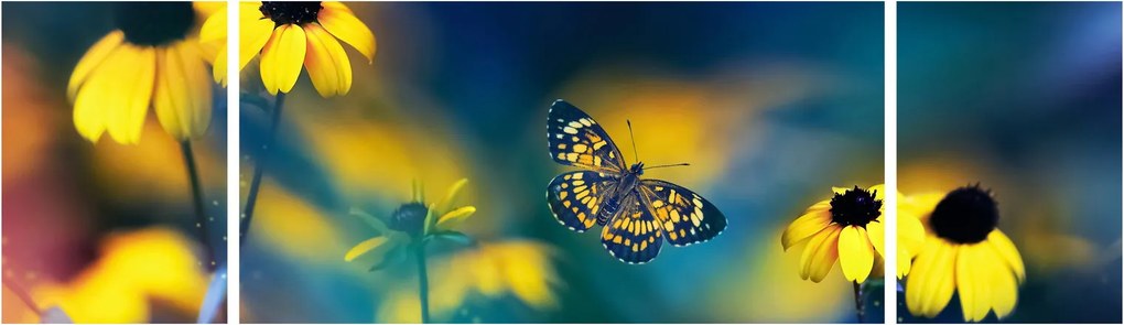 Obraz - Żółty motyl z kwiatami (170x50 cm)