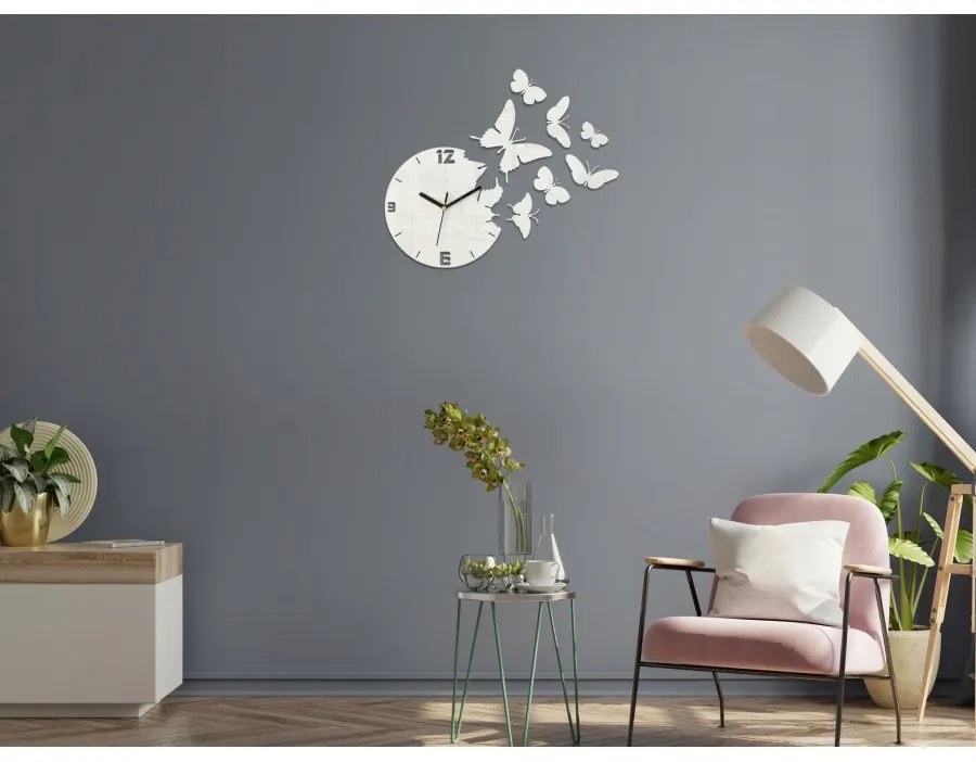 Zegar ścienny nowoczesny do salonu lub sypialni akrylowy biały z motylami