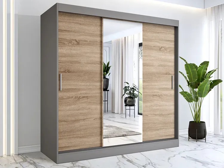 Szafa przesuwna antracyt + dąb sonoma 200 cm - Massi 6X