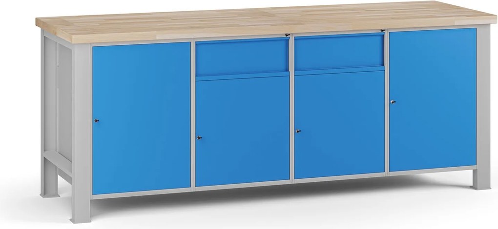 Stół warsztatowy G7, blat bukowy, 2100 x 685 x 840 mm, 4x szafka, 2x szuflada, niebieski