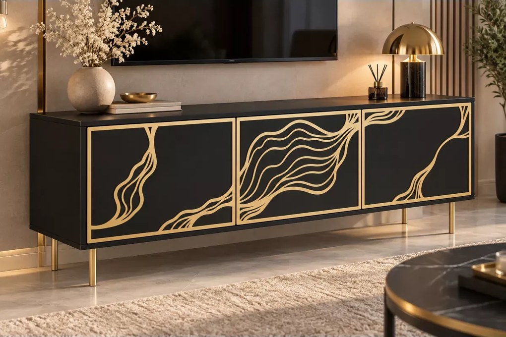 Szafka RTV Gambia 161 cm – nowoczesna, glamour, 3 drzwi, metalowe nóżki