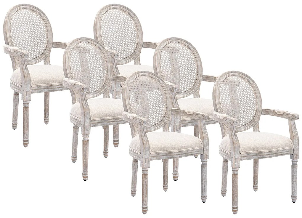 Zestaw 6 krzeseł z podłokietnikami – plecione, tkanina i drewno kauczukowca – kolor beżowy - ANTOINETTE