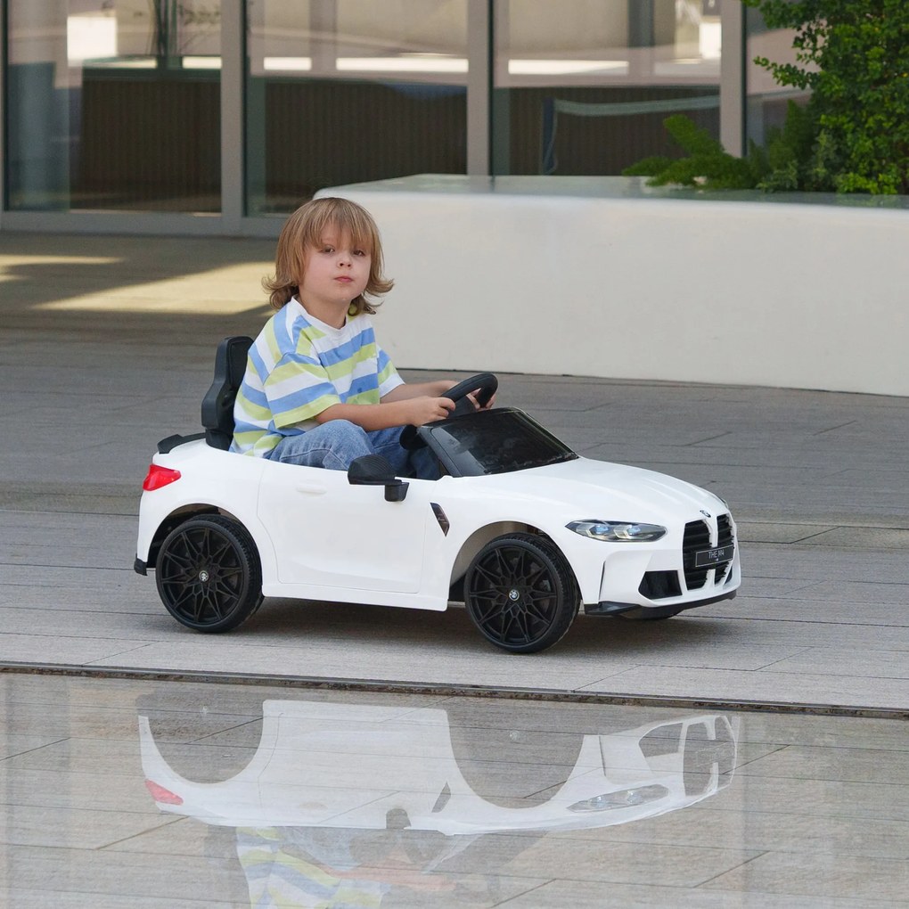 AIYAPLAY Elektryczny Samochód dla Dzieci BMW M4, Dźwięk & Światło, 3-5 km/h, z pilotem, dla dzieci 3-5 lat, Biały