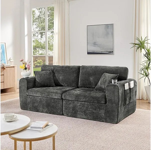 Modułowa 2-osobowa kanapa z tkaniny Chenille, z uchwytem na kubek i USB, 220x100x89cm, Czarny
