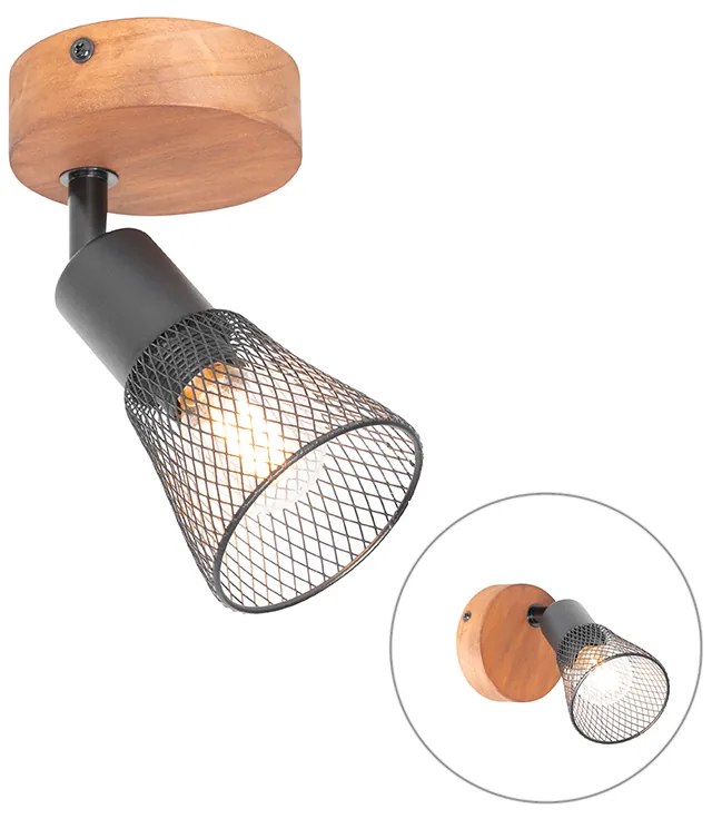 Industrialny reflektor czarny z drewnem - Kristina