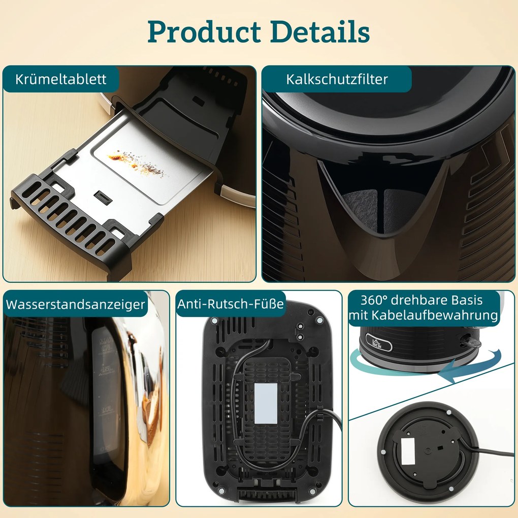 HOMCOM Zestaw czajnik i toster, 2200W, Otter-Thermostat, 2-szczelinowy toster, 7 poziomów przyrumienienia, szuflada na okruchy, czarny