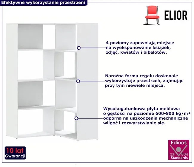 Narożny biały 4-poziomowy regał na książki R5-R25