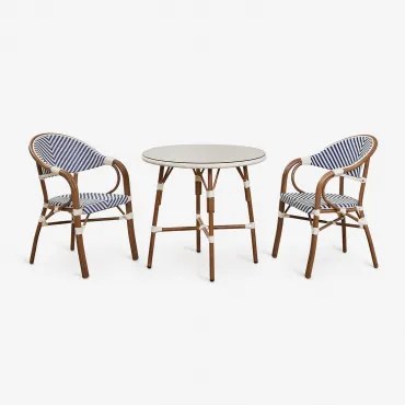 Zestaw Okrągłego Stołu Brielle Bistro O Średnicy 80 Cm I Dwa Sztaplowane Krzesła Z Podłokietnikami Z Aluminium. Niebieski Ken - Gardenia Biel - Sklum