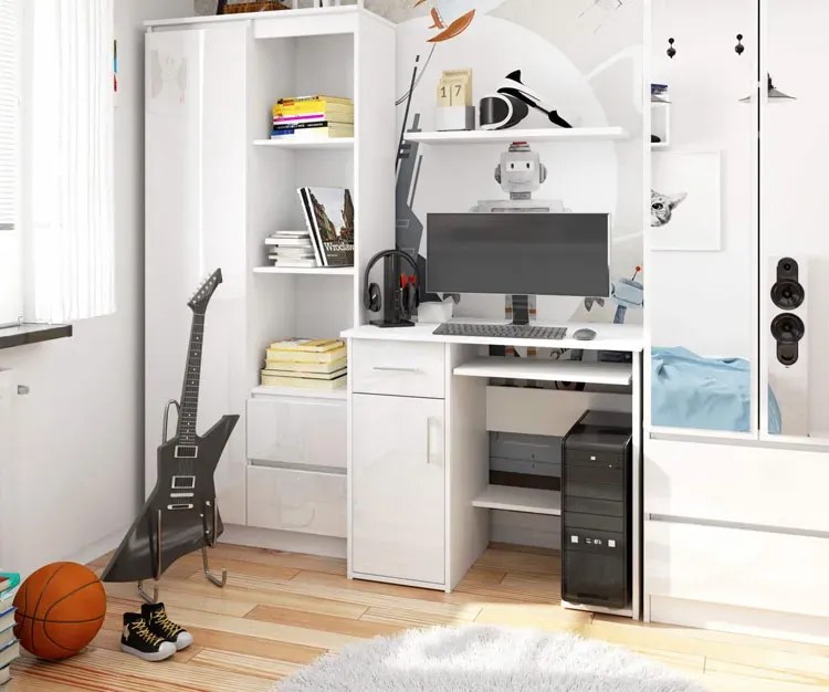 Białe biurko z szufladą pod komputer w połysku E0-E08