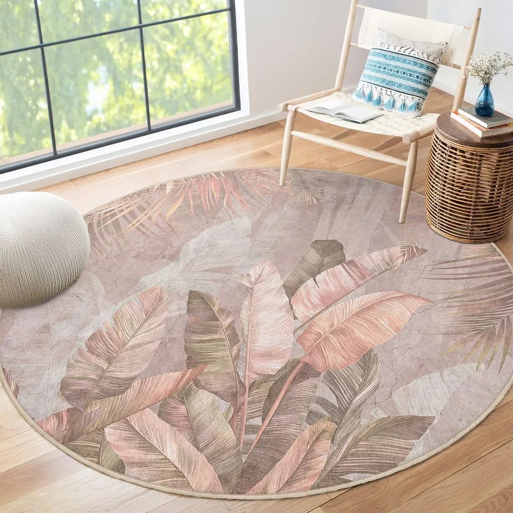 Jasnoróżowy okrągły dywan odpowiedni do prania ø 120 cm Dusty Leaves – Mila Home