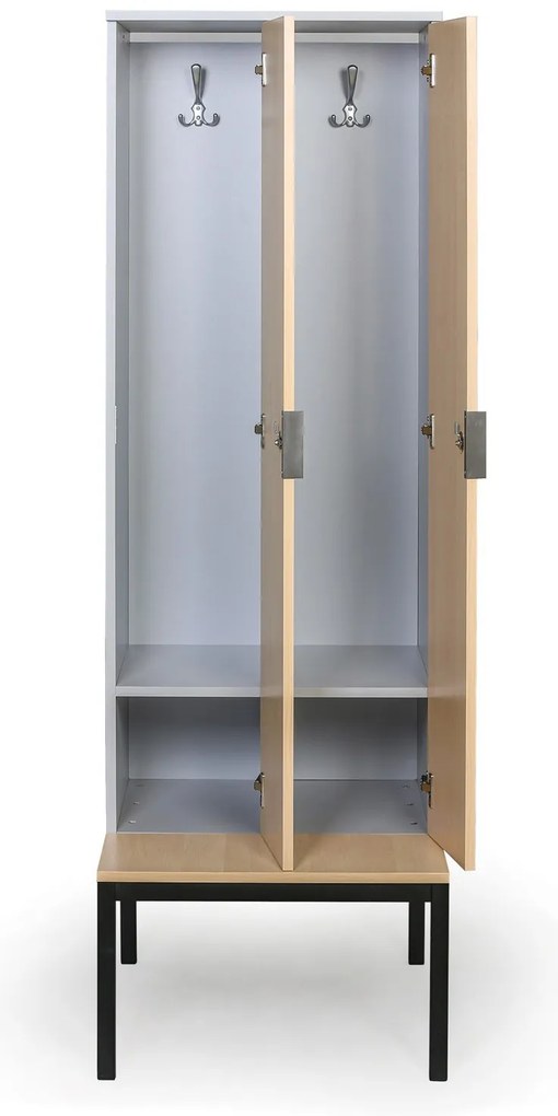Drewniana szafa ubraniowa S4 z ławką, 2-drzwiowa, 1871 x 600 x 500/800 mm, demontaż, zamek mechaniczny z kodem, szary/buk