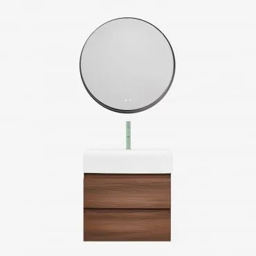 Zestaw Mebli Łazienkowych Z Drewna I Forniru Jesionowego Z Wbudowaną Umywalką Ona Ciemna Czerń & Okrągła Led - Sklum