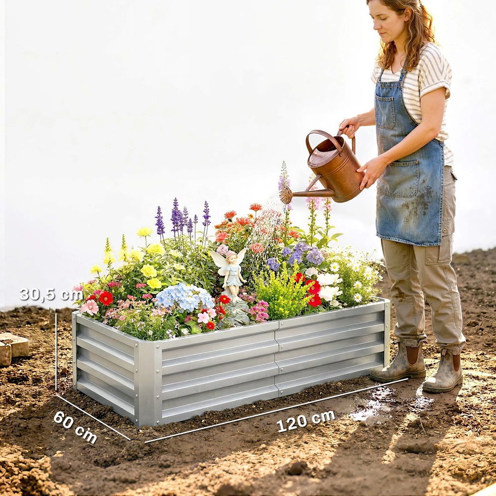 Outsunny Wysoki kwietnik ogrodowy, odporny na warunki atmosferyczne, otwarte dno, stal ocynkowana, 120 cm x 60 cm x 30,5 cm, Srebrny