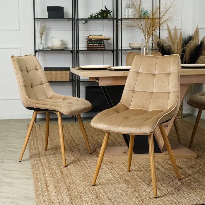 Zestaw Stół Prostokątny Rozkładany CLARK 120-160 cm Dąb Artisan/Czarny i 4 Krzesła Tapicerowane do Salonu RODRI Beżowe