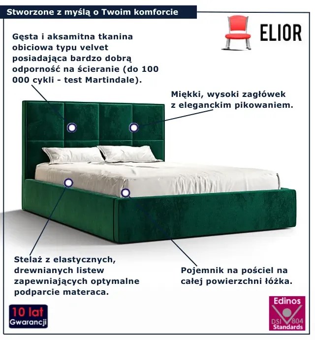Zielone tapicerowane welurem łóżko z pojemnikiem 5 rozmiarów S1-H34