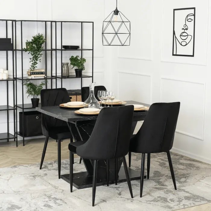 Zestaw Stół Prostokątny Rozkładany CLARK 120-160 cm Czarny Marmur i 4 Krzesła Tapicerowane CORK Czarne Welurowe Loft