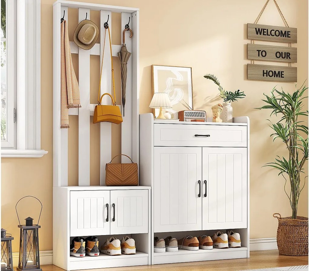 Nowoczesna szatnia - z wieszakami i szafkami na buty - z hakami i szufladą - Biały