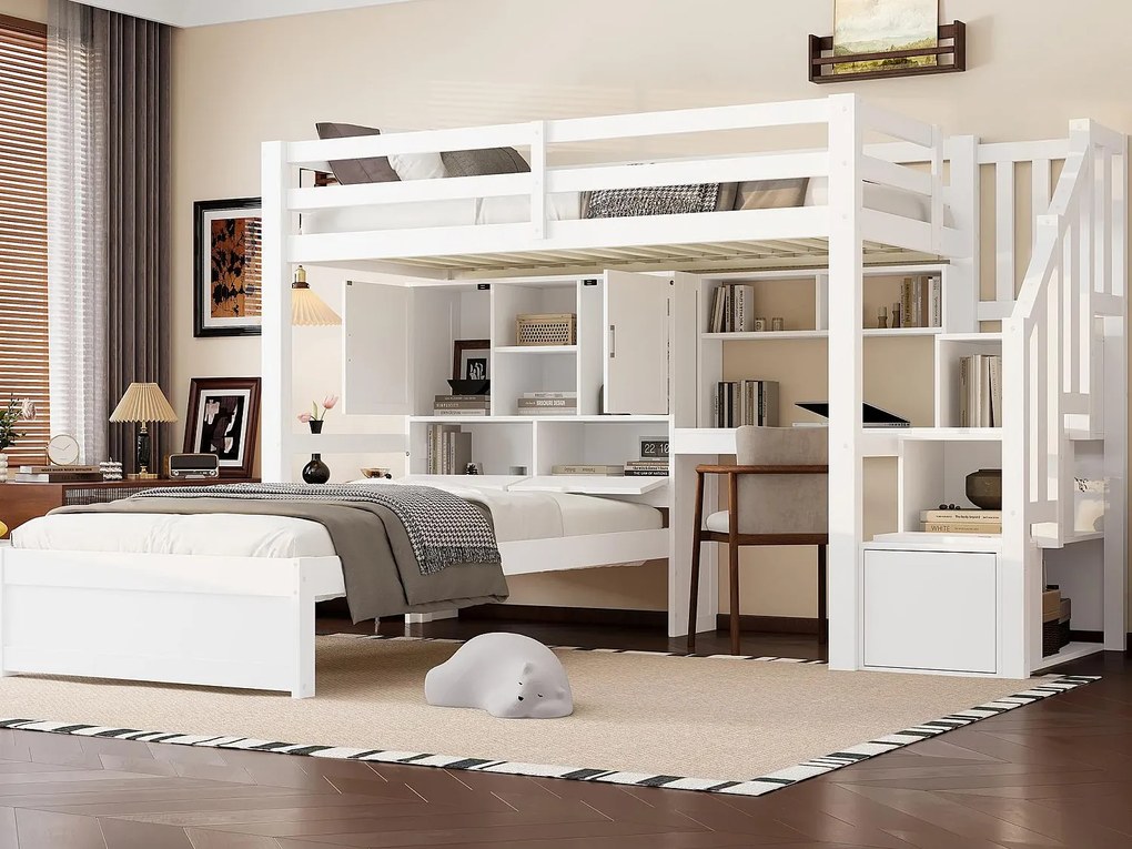 Łóżko piętrowe 90x200 cm - z wbudowanym biurkiem - Przegródki do przechowywania i półki - MDF - Biały (materac nie jest wliczony w cenę)