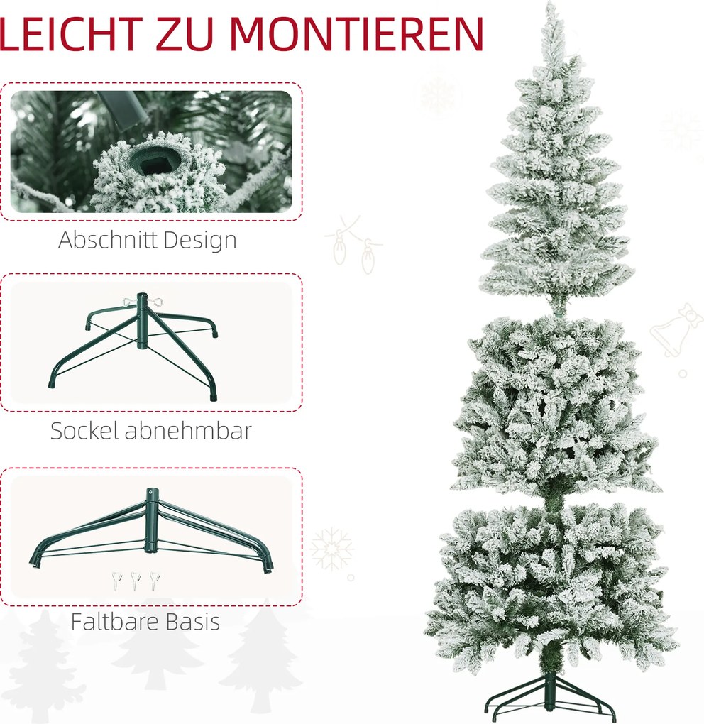HOMCOM Sztuczna Choinka, szczupła, z efektem śniegu, trzyczęściowa, trudnopalna, z metalową podstawą, 180 cm, Zielona | Aosom PL